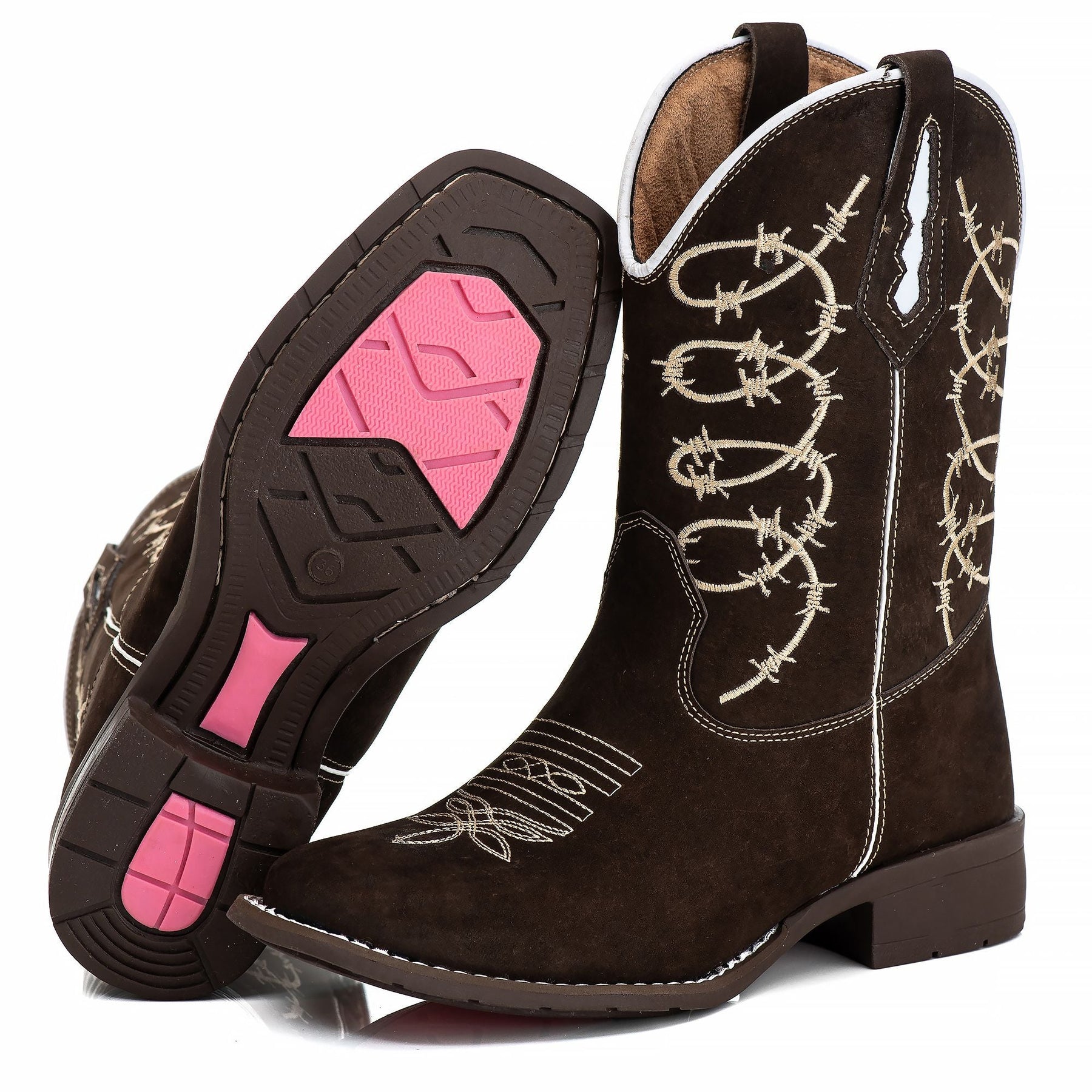 Bota Texana Feminina Marrom Cano Longo Bordada Arame Farpado Bico Quadrado Couro