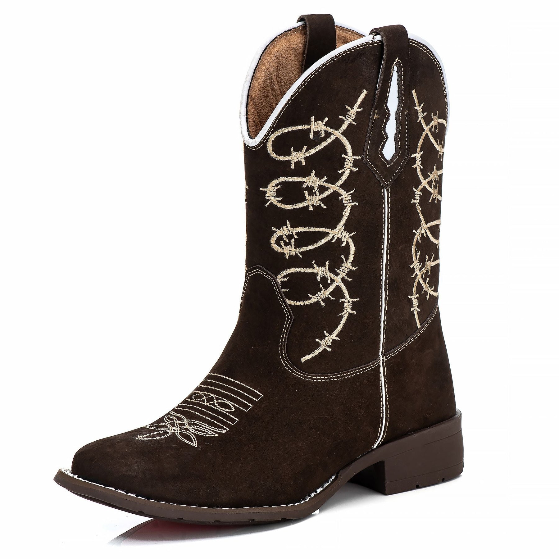 Bota Texana Feminina Marrom Cano Longo Bordada Arame Farpado Bico Quadrado Couro