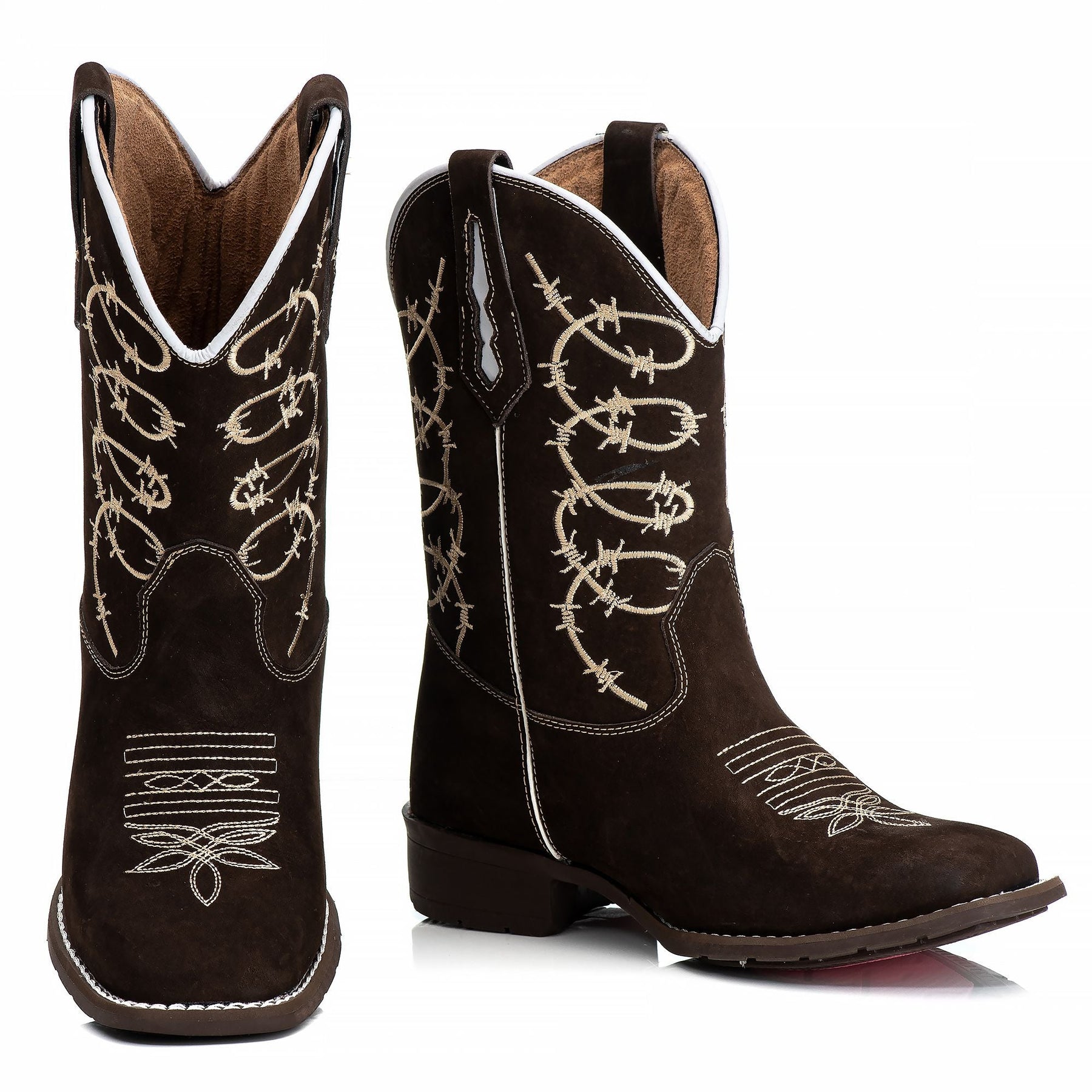 Bota Texana Feminina Marrom Cano Longo Bordada Arame Farpado Bico Quadrado Couro