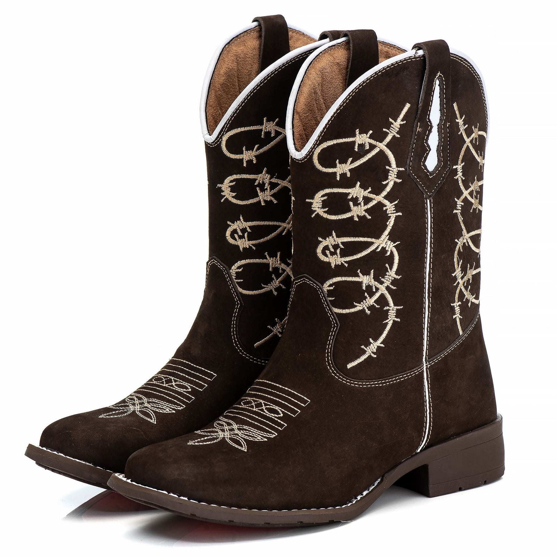 Bota Texana Feminina Marrom Cano Longo Bordada Arame Farpado Bico Quadrado Couro