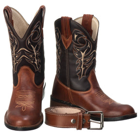 Kit Bota Texana Masculina Marrom: Bota Country Couro Legítimo + Cinto Cowboy