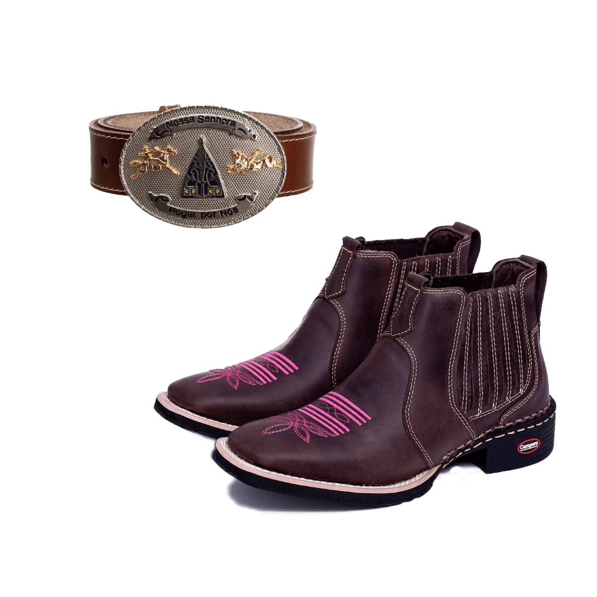 Kit Bota Feminina Pantaneira Couro Bordado Rosa + Cinto Country Nossa Senhora Premium