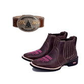 Kit Bota Feminina Pantaneira Couro Bordado Rosa + Cinto Country Nossa Senhora Premium