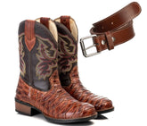 Kit Bota Texana Escamada Pinhão Couro Legítimo Masculina + Cinto Country Estilo Conforto