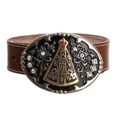 Cinto Country Marrom Liso Couro Genuíno Fivela Nossa Senhora Aparecida Strass