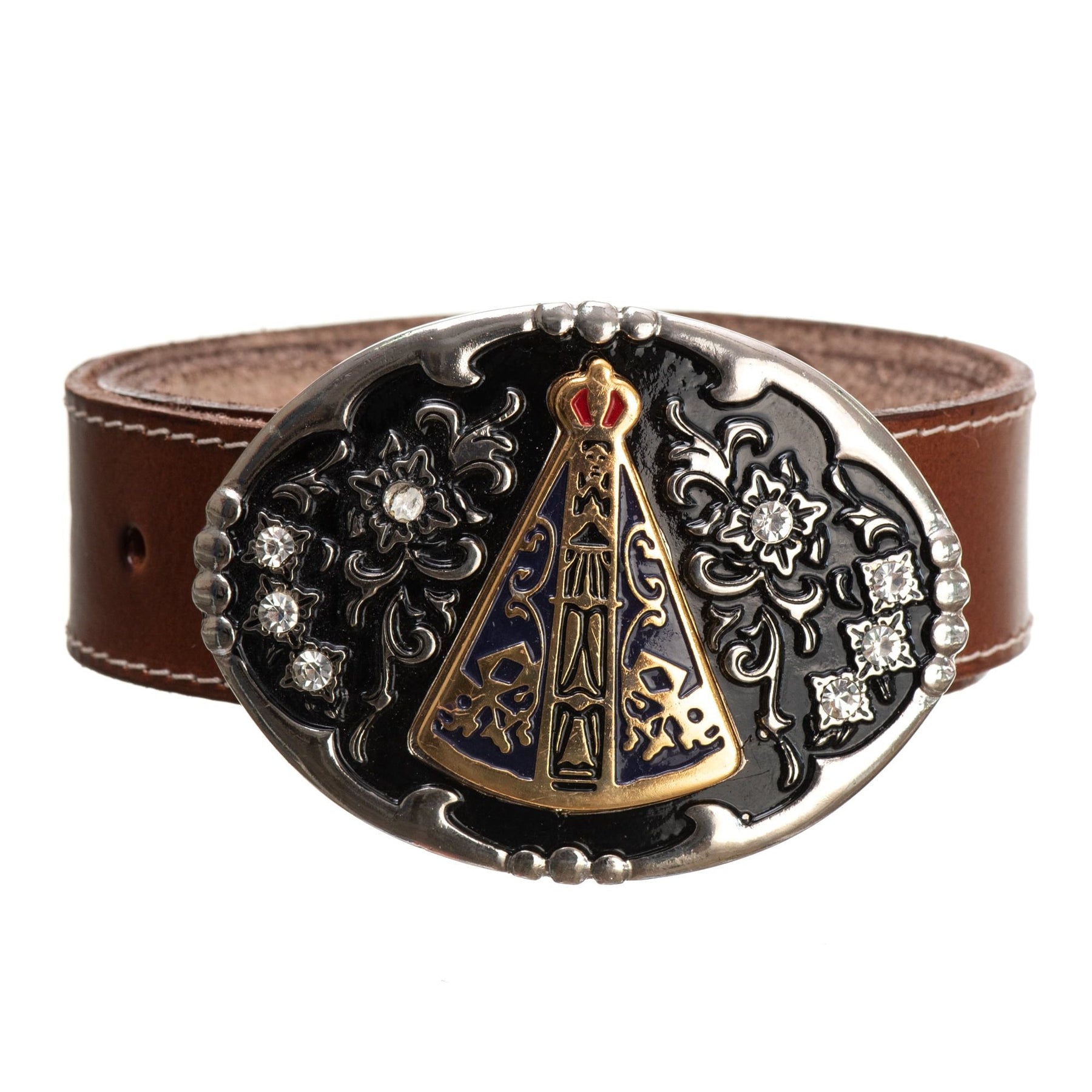 Cinto Country Marrom Liso Couro Genuíno Fivela Nossa Senhora Aparecida Strass