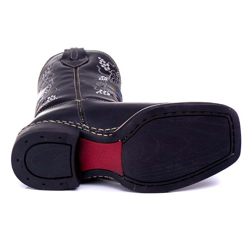 Bota Texana Feminina Couro Preto Bordado Nossa Senhora Conforto Estilo Country Ref. 709