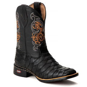 Bota Texana Escamada Masculina Couro Preto Bico Quadrado Rodeio Cano Alto