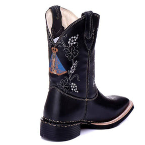 Bota Texana Feminina Couro Preto Bordado Nossa Senhora Conforto Estilo Country Ref. 709