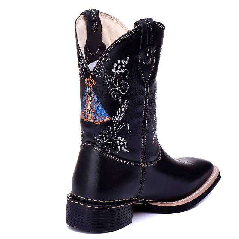 Bota Texana Feminina Couro Preto Bordado Nossa Senhora Conforto Estilo Country Ref. 709