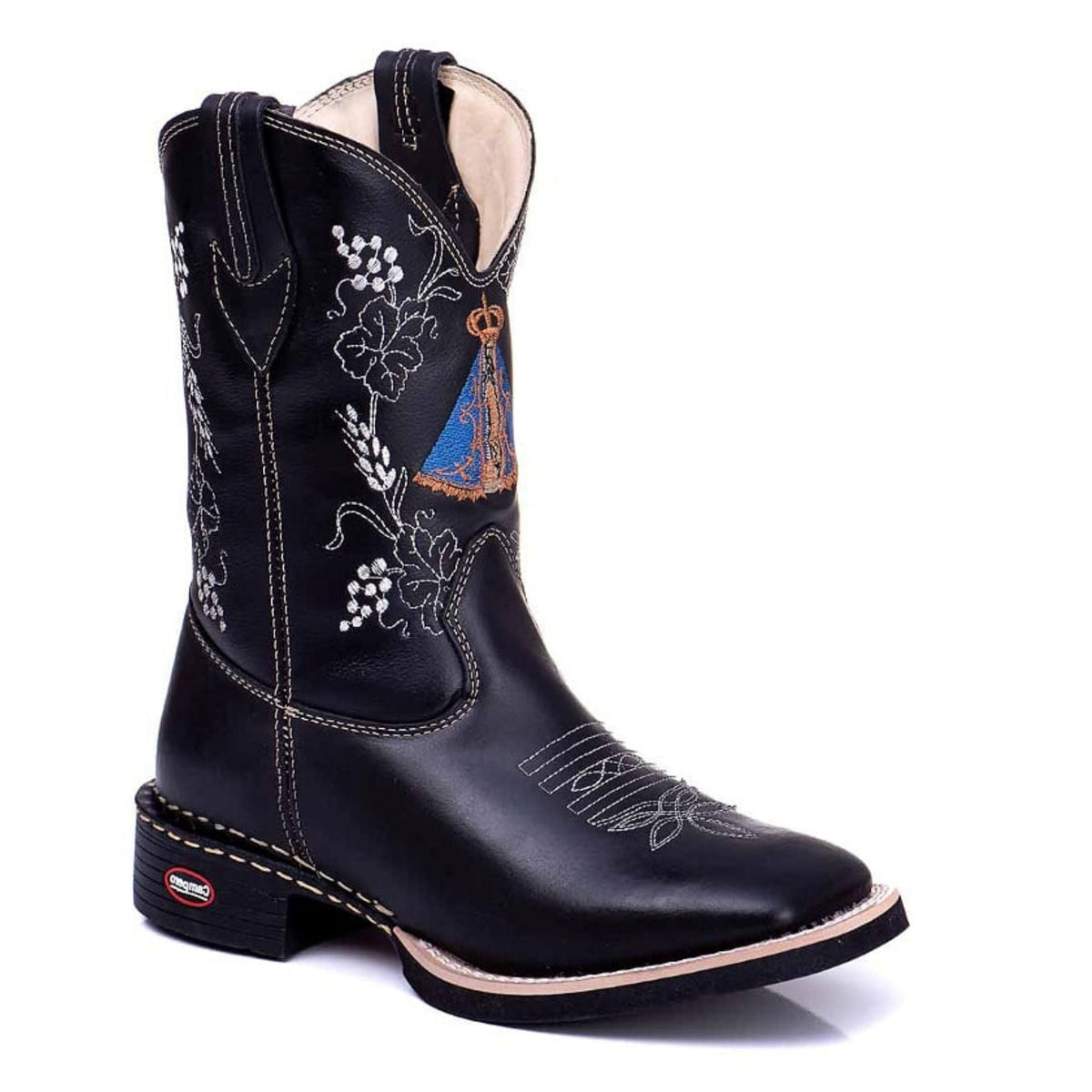 Bota Texana Feminina Couro Preto Bordado Nossa Senhora Conforto Estilo Country Ref. 709