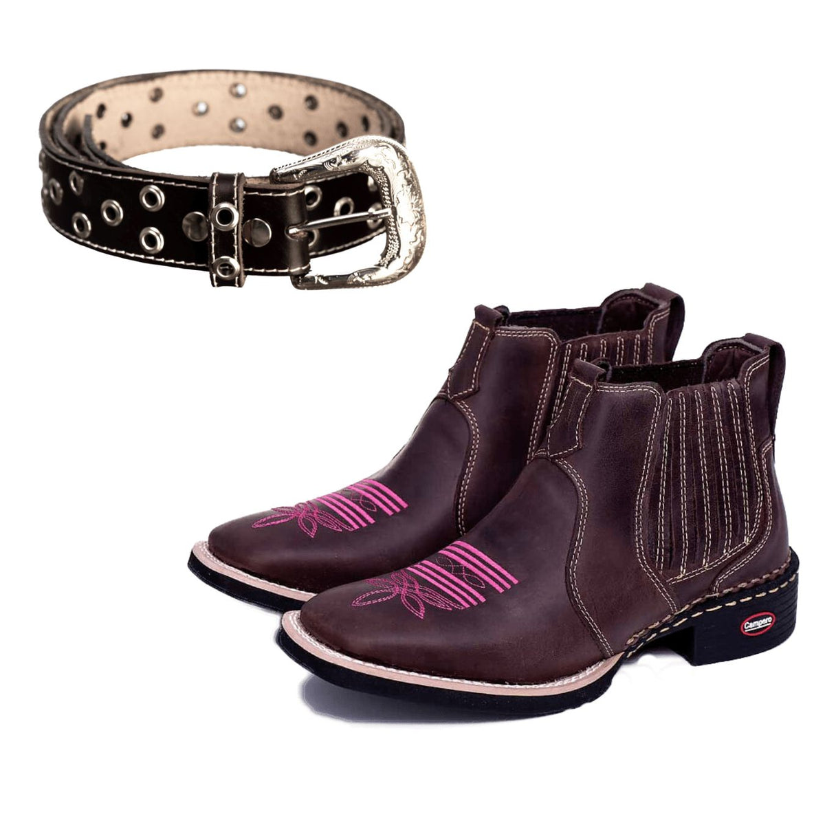 Kit Bota Feminina Country Bordado Rosa Ref-760 + Cinto Muladeiro Fivela Exclusiva