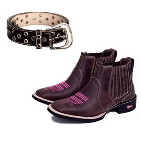 Kit Bota Feminina Country Bordado Rosa Ref-760 + Cinto Muladeiro Fivela Exclusiva