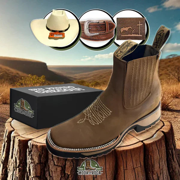 Botina Brave Texana Couro Premium Masculino + Chapéu, Cinto e Carteira
