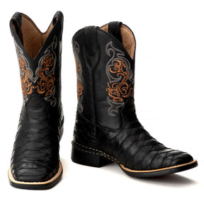 Bota Texana Escamada Masculina Couro Preto Bico Quadrado Rodeio Cano Alto