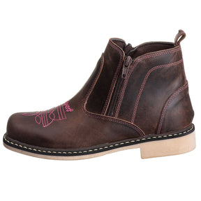 Botina Feminina Country Campero Couro Legítimo Conforto Estilo Durável Marrom Rosa