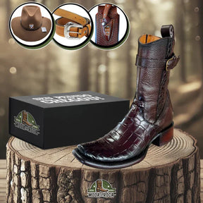 Bota Viking Couro de Jacaré Marrom/Preto com Chapéu e Cinto