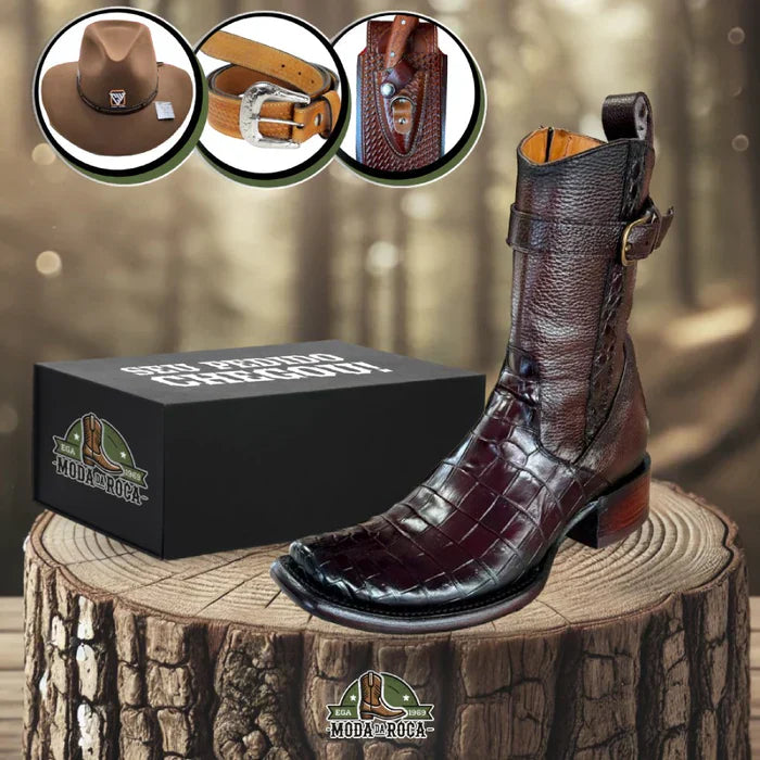 Bota Viking Couro de Jacaré Marrom/Preto com Chapéu e Cinto