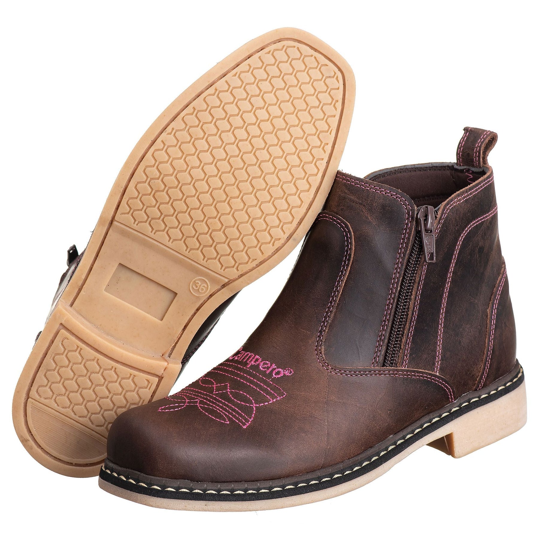 Botina Feminina Country Campero Couro Legítimo Conforto Estilo Durável Marrom Rosa