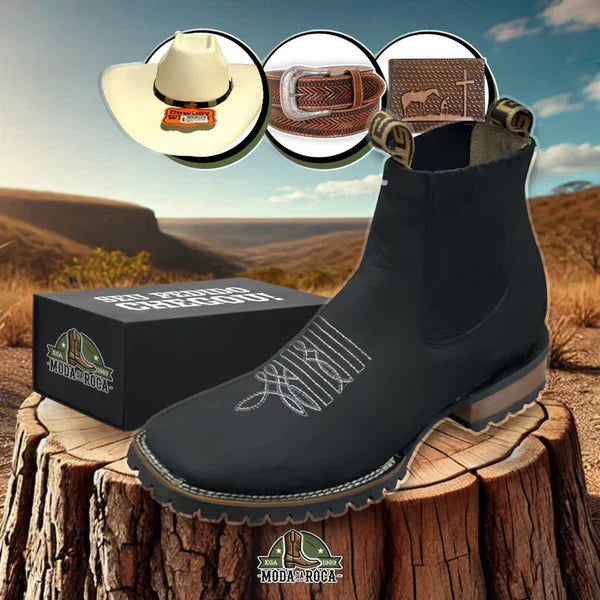 Botina Brave Texana Couro Premium Masculino + Chapéu, Cinto e Carteira