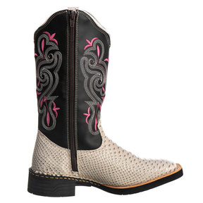 Bota Texana Feminina Bico Quadrado Anaconda Gelo/Rosa Couro Legítimo Ref. 710