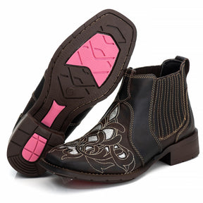 Bota Feminina Texana Couro Genuíno Laser Bico Quadrado Conforto Durabilidade Estilo Country