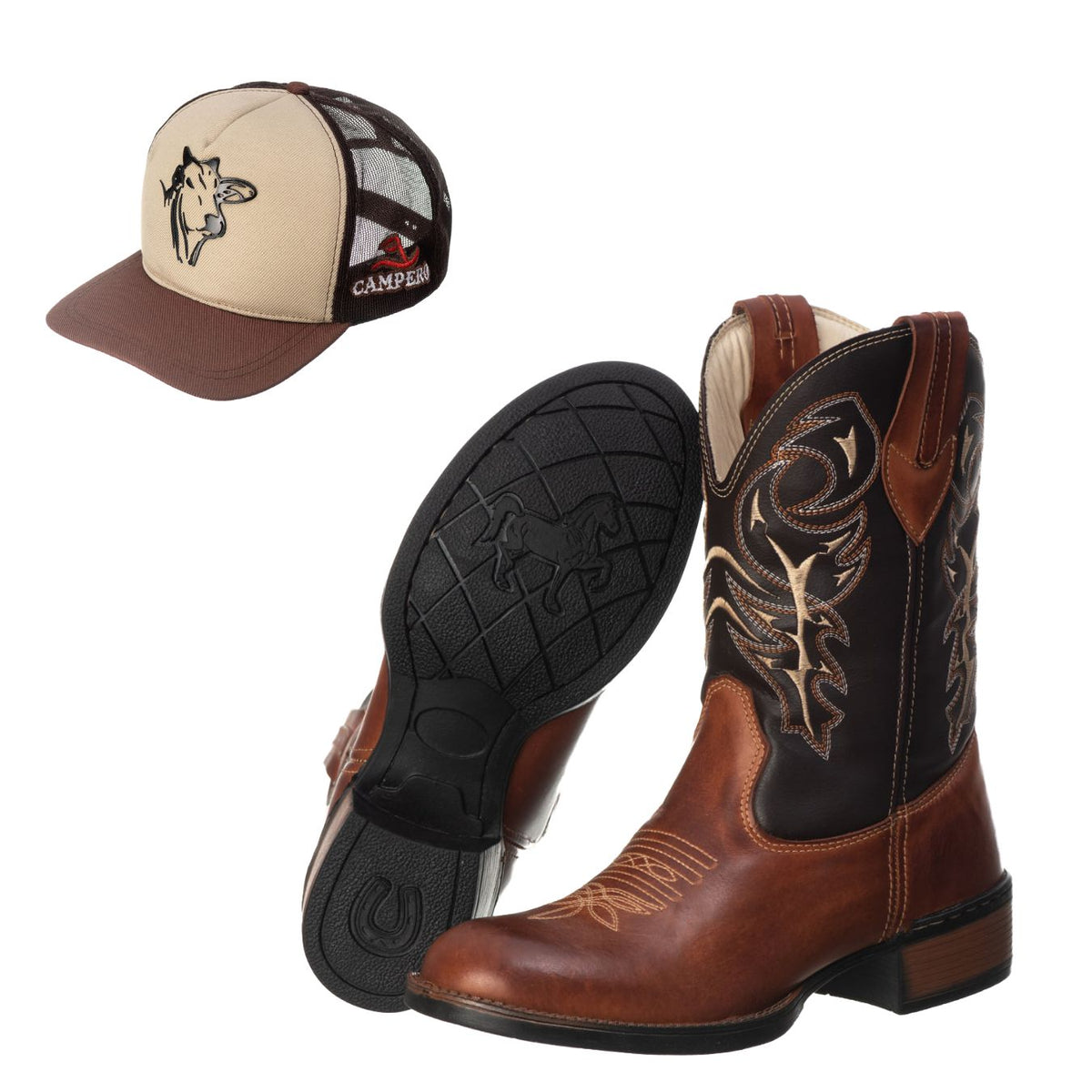 Kit Bota Texana Rodeio Marrom Masculina + Boné Nelore Bege/Marrom Estiloso