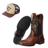 Kit Bota Texana Rodeio Marrom Masculina + Boné Nelore Bege/Marrom Estiloso