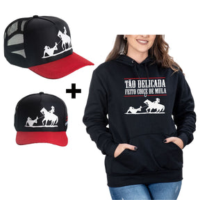 Kit Moletom Feminino Country Preto Algodão + Boné Delicado Coice de Mula