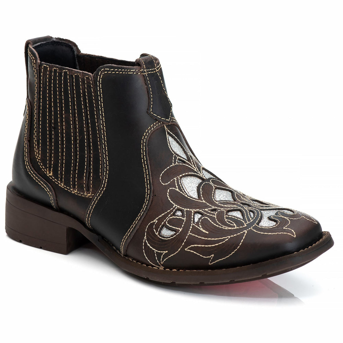 Bota Feminina Texana Couro Genuíno Laser Bico Quadrado Conforto Durabilidade Estilo Country