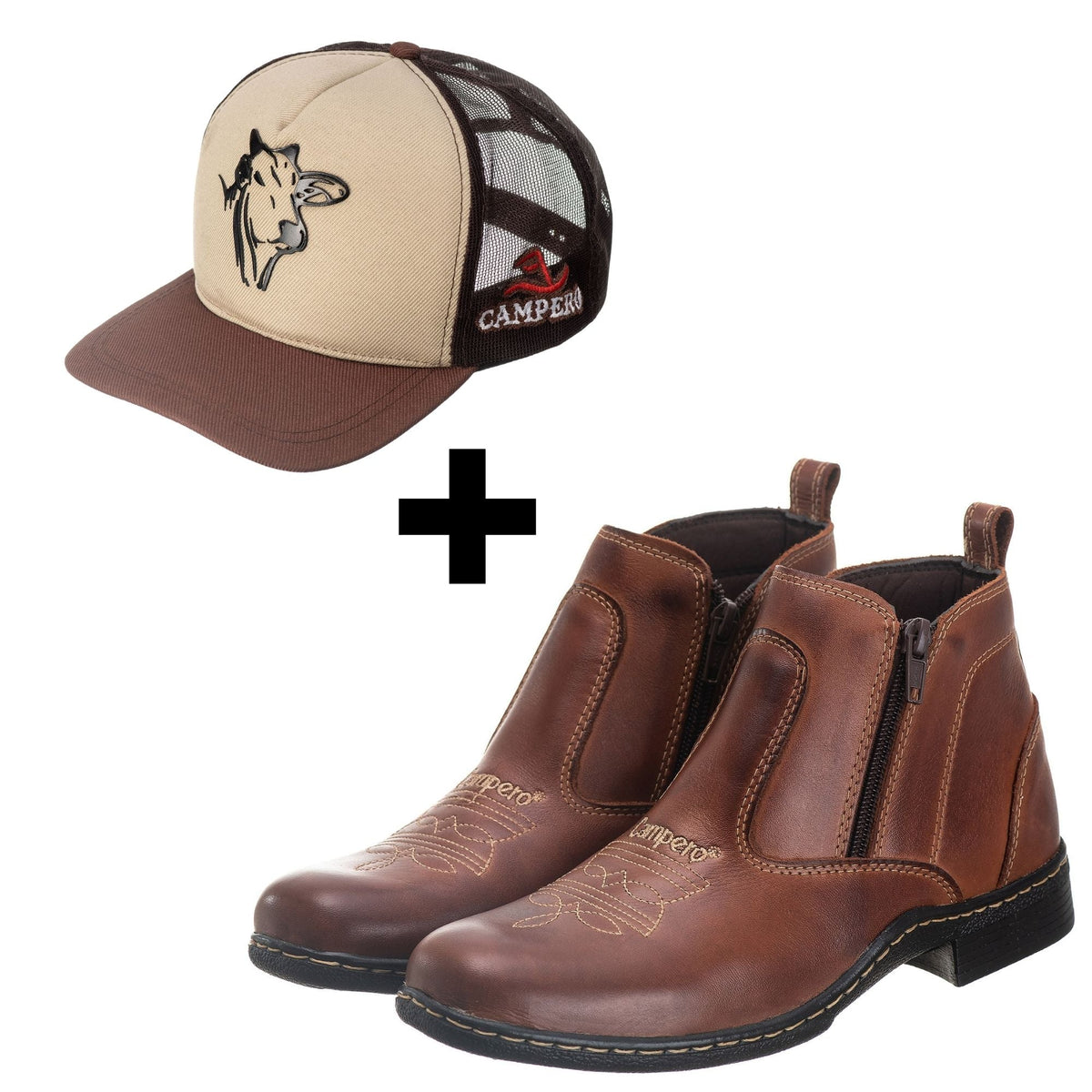 Kit Botina Masculina Couro Legítimo Pinhão + Boné Nelore Campero Original