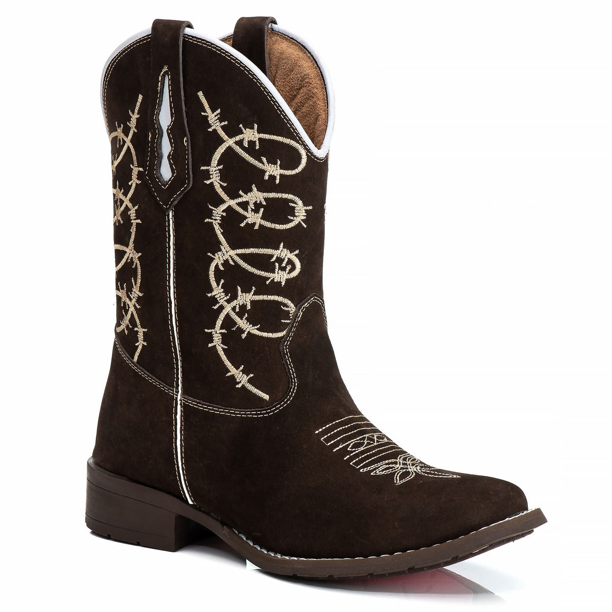 Bota Texana Feminina Marrom Cano Longo Bordada Arame Farpado Bico Quadrado Couro