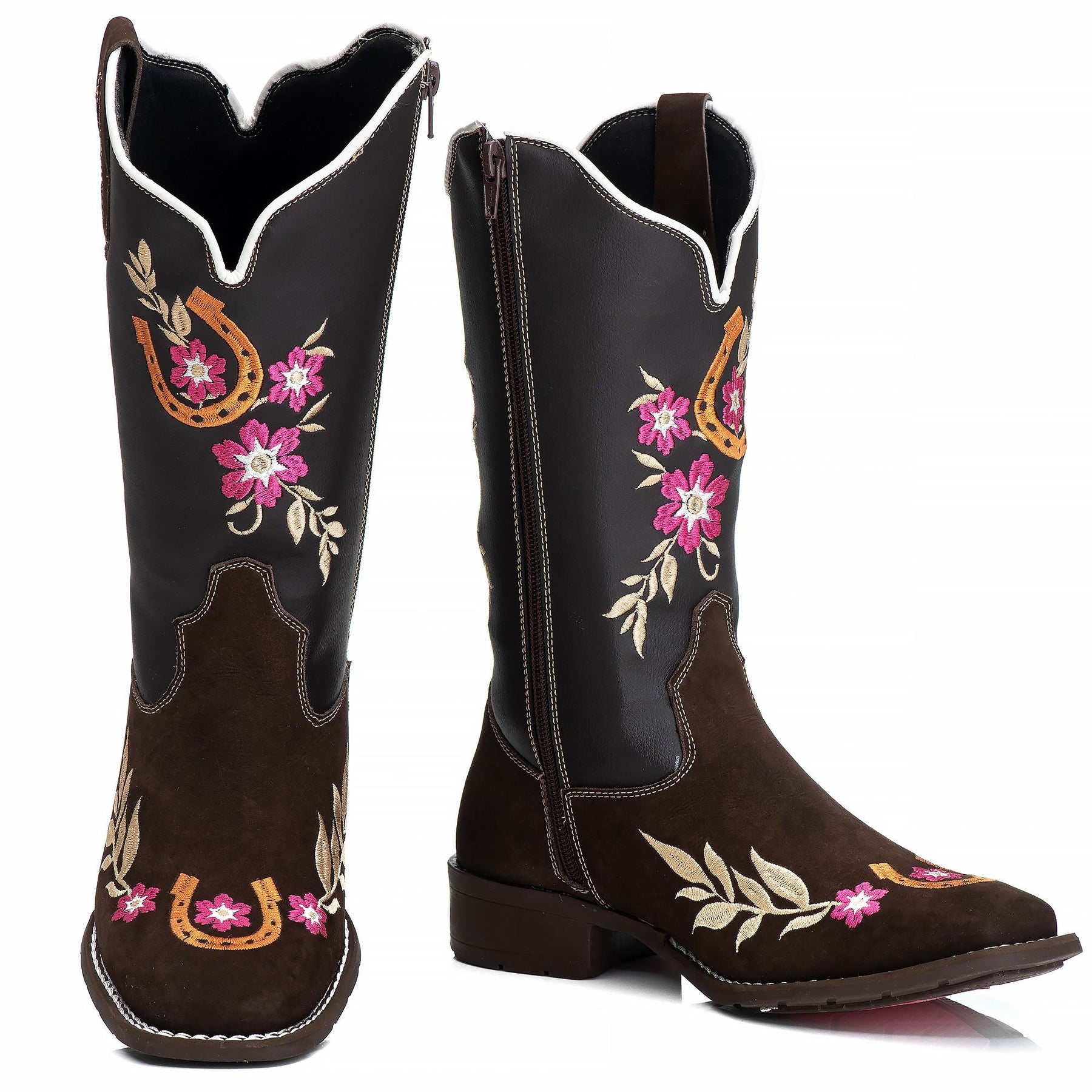 Bota Texana Feminina Campero: Couro Nobuk Bordado, Bico Quadrado, Estilo Autêntico
