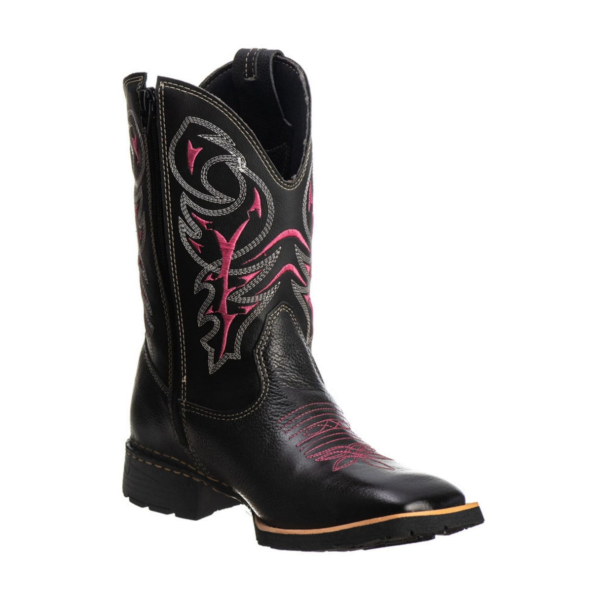Bota Texana Feminina Couro Legítimo Preto/Rosa, Cano Alto Bordado, Conforto Duradouro