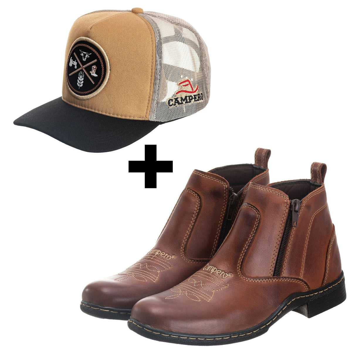 Kit Bota Masculina Couro Legítimo Campero Boné Agronomia Agro Ref 03