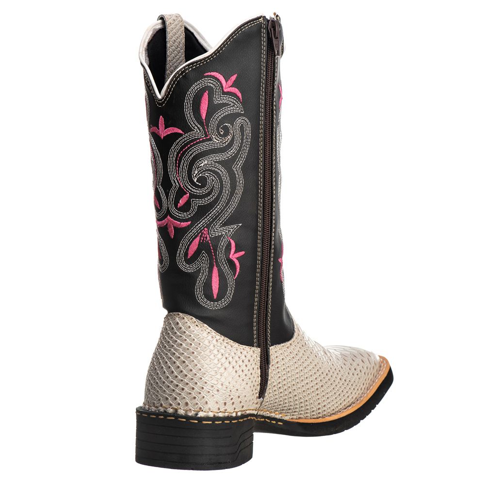 Bota Texana Feminina Bico Quadrado Anaconda Gelo/Rosa Couro Legítimo Ref. 710