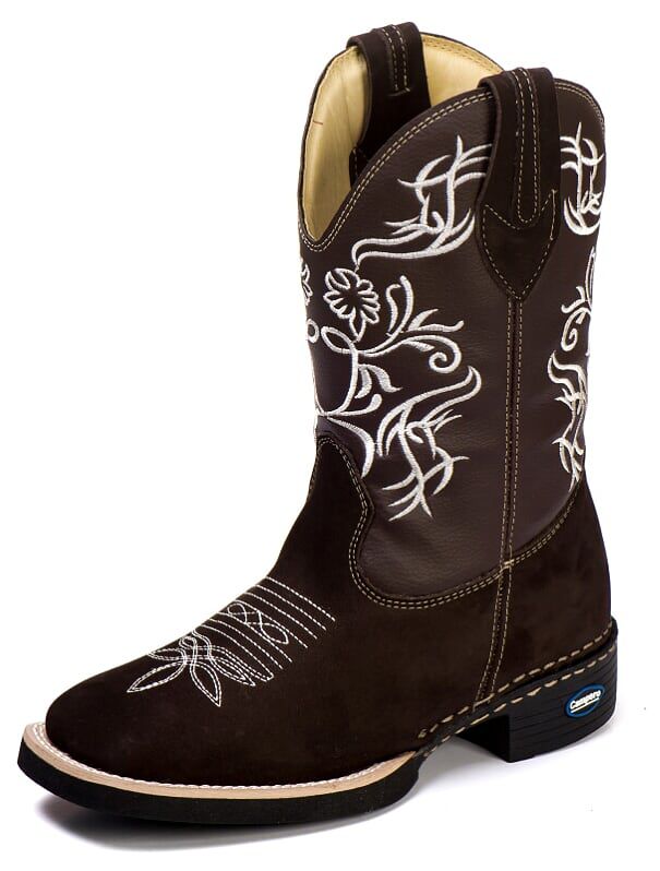 Bota Texana Feminina Bico Quadrado em Couro Nobuck Café com Detalhe Branco