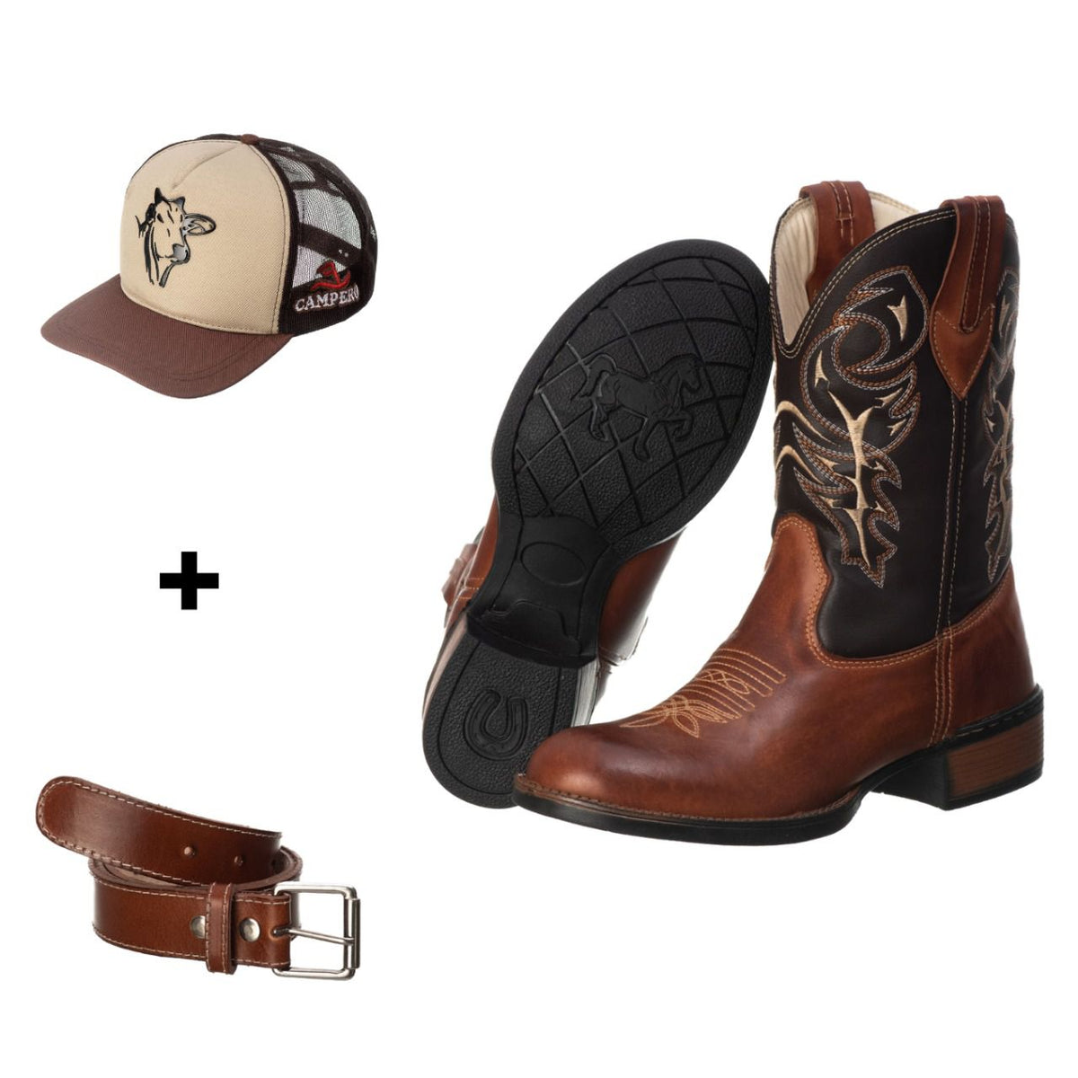 Kit Bota Texana Couro Genuíno Masculina, Cinto Clássico, Boné Nelore Campero: Estilo Autêntico
