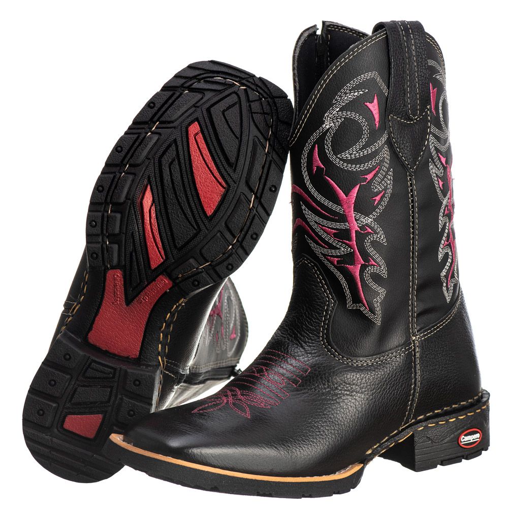 Bota Texana Feminina Couro Legítimo Preto/Rosa, Cano Alto Bordado, Conforto Duradouro