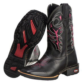 Bota Texana Feminina Couro Legítimo Preto/Rosa, Cano Alto Bordado, Conforto Duradouro