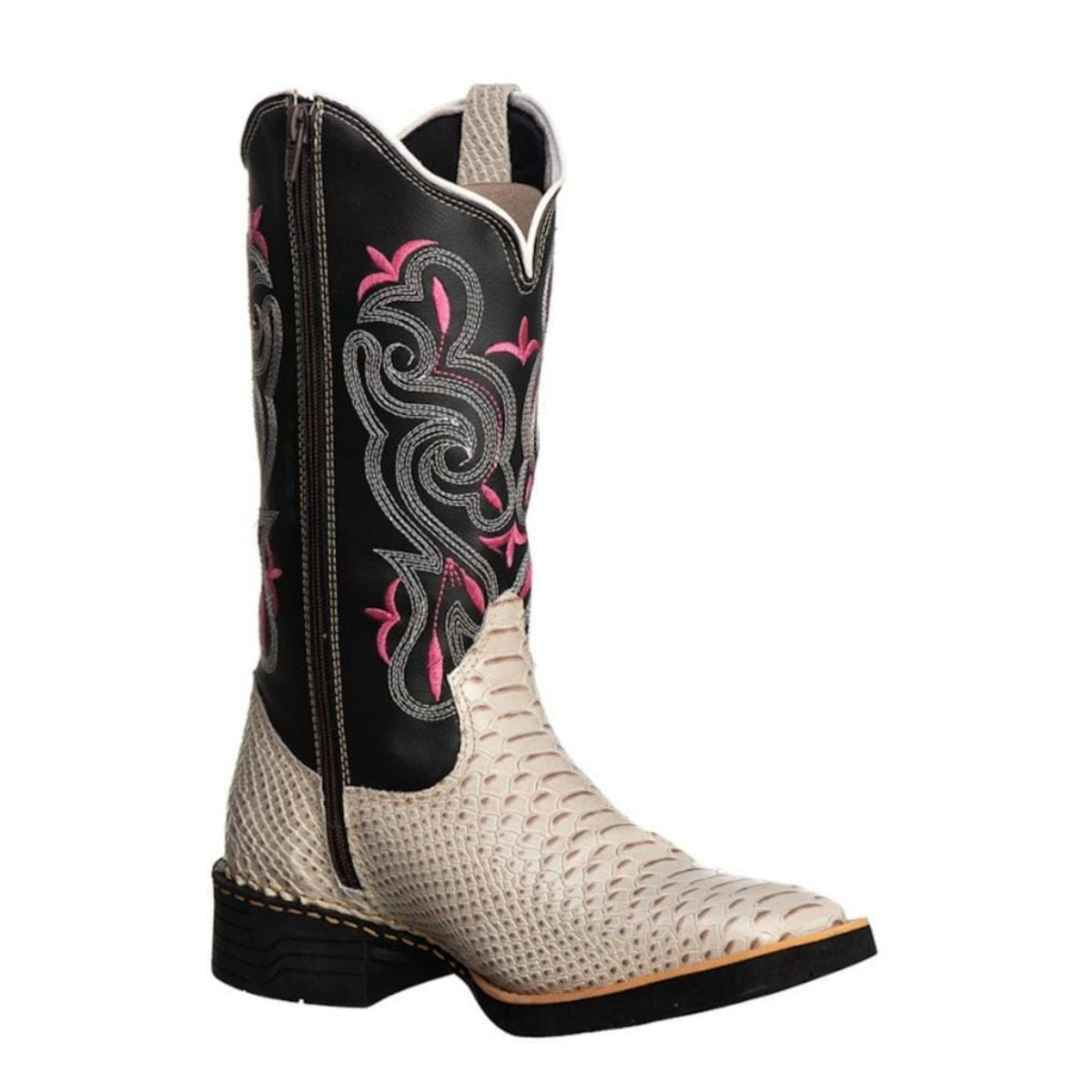 Bota Texana Feminina Bico Quadrado Anaconda Gelo/Rosa Couro Legítimo Ref. 710