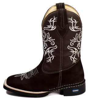 Bota Texana Feminina Bico Quadrado em Couro Nobuck Café com Detalhe Branco