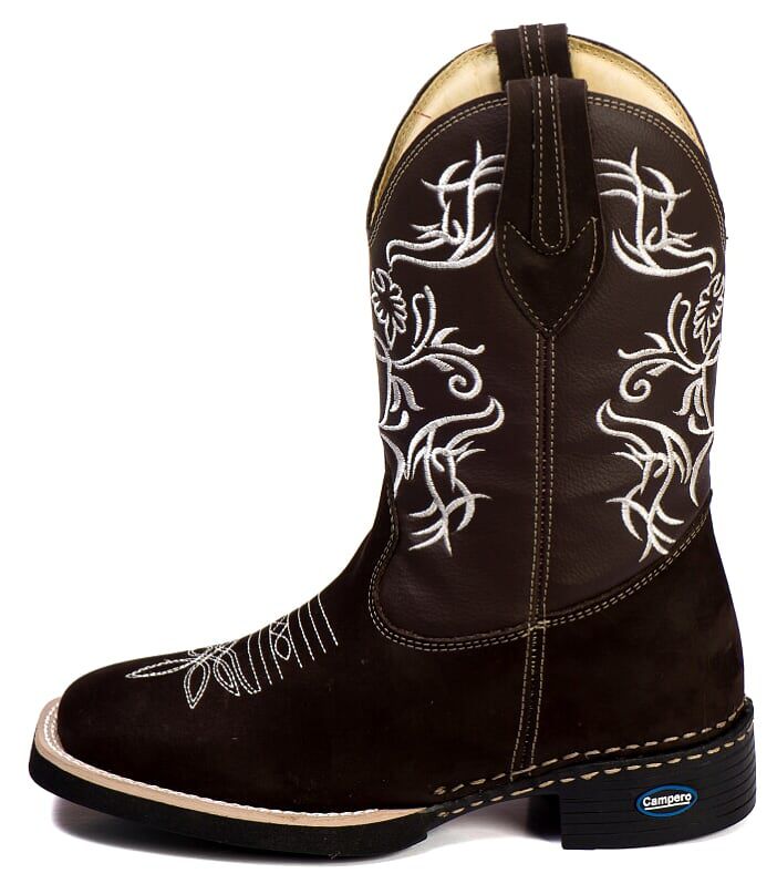 Bota Texana Feminina Bico Quadrado em Couro Nobuck Café com Detalhe Branco