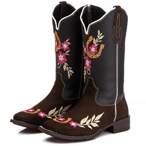 Bota Texana Feminina Campero: Couro Nobuk Bordado, Bico Quadrado, Estilo Autêntico