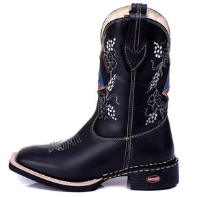 Bota Texana Feminina Couro Preto Bordado Nossa Senhora Conforto Estilo Country Ref. 709