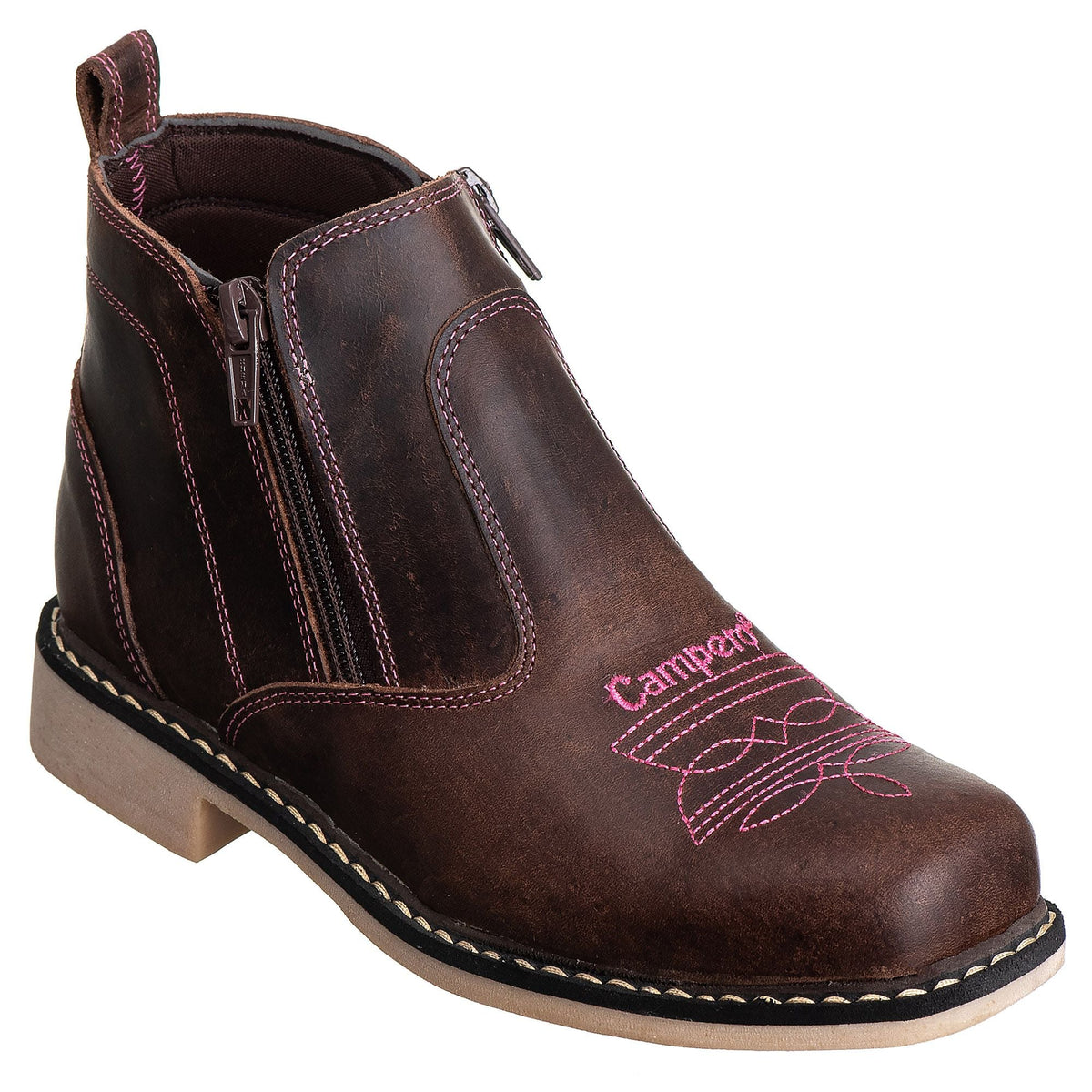 Botina Feminina Country Campero Couro Legítimo Conforto Estilo Durável Marrom Rosa