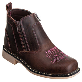 Botina Feminina Country Campero Couro Legítimo Conforto Estilo Durável Marrom Rosa