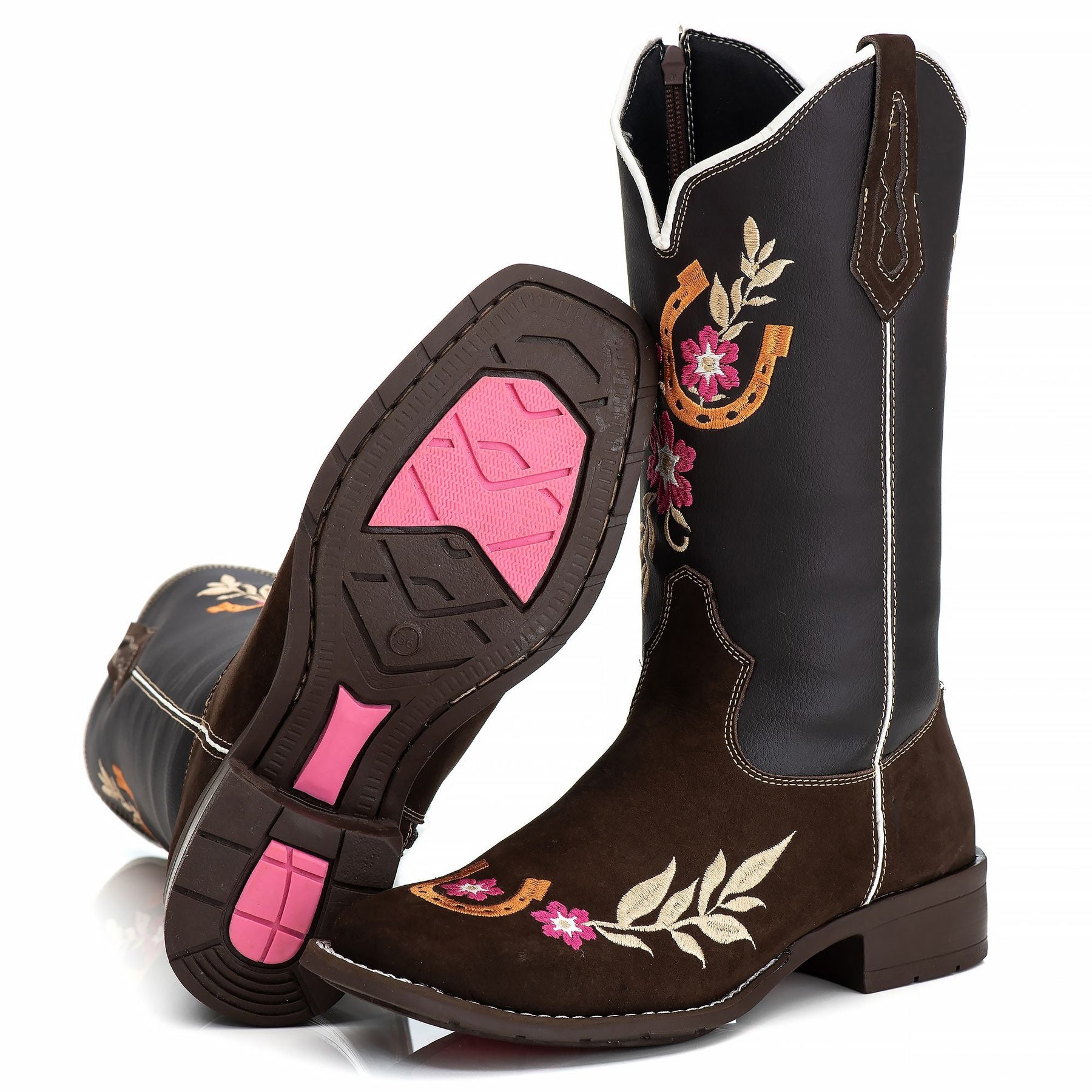 Bota Texana Feminina Campero: Couro Nobuk Bordado, Bico Quadrado, Estilo Autêntico