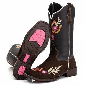 Bota Texana Feminina Campero: Couro Nobuk Bordado, Bico Quadrado, Estilo Autêntico