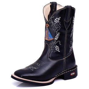 Bota Texana Feminina Couro Preto Bordado Nossa Senhora Conforto Estilo Country Ref. 709
